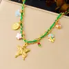 Moda Estilo Coreano Doce Fada Pico Flores Gotas de Óleo Coloridas Borboleta Banhada a Ouro Corda Verde Enrolada Colar de Aço Inoxidável