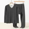 Ropa interior sin costuras de lana y seda de peso pesado para hombre, traje de invierno cálido, camiseta de cuello en V de manga larga, terciopelo de doble cara, ropa de otoño y pantalones largos