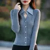 Cardigan Feminino Novo para a Primavera de 2026, Gola Reversível, Caimento Solto, Emagrecedor, Elegante, Versátil, Peça de Tricô Estilo Office