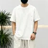 Camiseta Masculina Casual de Seda de Gelo com Manga Curta Bordada, Respirável, Manga Longa, Gola Redonda, Peso Pesado, Cor Sólida Simples, Camada Base Masculina