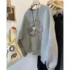 Moletom de gola redonda com estampa de rato de desenho animado para mulheres, outono e inverno, forrado com fleece, grosso, folgado, sem capuz, versátil, comprimento médio, top estilo college, moderno
