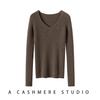 Suéter de Punto 100% Cachemira Pura con Cuello en V Blanco para Mujer, Estilo Francés Otoño e Invierno, Corte Ajustado, Suéter Básico