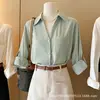 Camisa blanca de algodón y lino estilo francés, color menta, manga larga, holgada y fina para primavera y verano, ligeramente transparente, top protector solar, camisa estilo old money