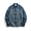 Nova camisa jeans vintage estilo chinês com fivela para homens e mulheres outono solto azul neutro jaqueta casual all-match com gola alta