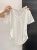 Top Corto Tierno Amarillo Blanco para Mujer en Verano, Pequeño Reductor de Edad Cintura Plisada Manga Corta Sencillo Cuello en V Camiseta Hombro Derecho