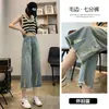 Jeans Feminino Cropped Wide-Leg Verão 2025 Fino Cintura Alta Emagrecedor Desfiado Rasgado Reto Petite