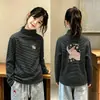 Camiseta Térmica de Forro Polar para Niñas Otoño Invierno Cuello Semi-Alto Elegante Cálida Rayada Ropa Interior para Niños Medianos y Grandes Camiseta de Manga Larga