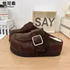 Couro Genuíno Solado Grosso Plataforma Aumenta Altura Tamanco Meio Chinelo Feminino Veludo Plus Birkenstock Sapatos 2026 Outono/Inverno Novo Estilo Chinelos de Algodão para Exterior