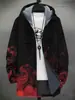Jaqueta de Algodão com Forro de Fleece Estampa Digital Gato Moda Inverno 2025 Cardigan Casual Masculino com Zíper e Capuz