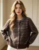 Cárdigan de punto retro a rayas de cuello redondo de un solo pecho, versátil, estilo americano, para mujer, nuevo abrigo suéter suave y holgado de otoño e invierno