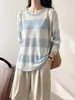 Camisa protectora solar de manga larga a rayas holgada estilo coreano de seda helada para mujer, prenda exterior fina de verano, top casual para aire acondicionado