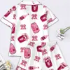 Conjunto de Pijama Cardigan Rosa de Seda Leite Transfronteiriço Europeu e Americano para Mulheres, Shorts de Manga Curta, Roupa de Casa Confortável e Respirável Conjunto Casual