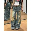 Jeans anchos retro americanos rasgados para mujer, de verano, tiro alto, hasta el suelo, estilo páramo desgastado, pantalones rectos holgados de algodón