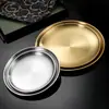 Placa Redonda Dorada Gruesa Estilo Coreano de Acero Inoxidable para Barbacoa Plato Plano Poco Profundo para Comer Filete Estilo Occidental Plato Redondo Plano para Frutas con Espetón para Huesos
