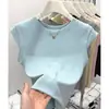 Top sin mangas de seda y algodón para mujer, adelgazante, elegante para el verano, versátil, cuello redondo, rejuvenecedor, mangas pequeñas acampanadas, color liso, alta elasticidad