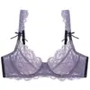 Lingerie sexy europeia e americana para mulheres com bustos grandes, anti-queda, push-up, conjunto de sutiã transparente de renda ultrafina plus size