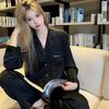 Pijama de Seda de Hielo y Nieve para Mujer Primavera y Otoño Casual de Gama Alta Manga Larga Seda para Mujer Color Sólido Negro Delgada Ropa de Exterior Ropa para el Hogar