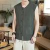 Colete de Linho com Fivela Estilo Chinês de Verão Masculino Solto Tamanho Grande Estilo Retrô Algodão Linho Sem Mangas Colete Blusa de Moletom Fina Estilo Chinês