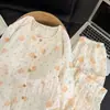 [Atacado] Conjunto de pijama feminino de manga comprida com poás, estampa de urso, gola redonda, estilo de abertura frontal, adequado para primavera e outono, modelagem solta, tamanhos grandes, roupa de casa