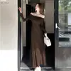 Nuevo vestido largo de otoño e invierno con hombros descubiertos y mangas largas, corte ajustado, estilo vintage, versátil vestido largo francés