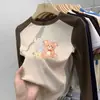 Camiseta térmica de manga larga cepillada para niñas, cuello redondo, otoño e invierno, con panel, para usar por dentro, estampado de dibujos animados, para niños de mediana y mayor edad