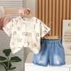 Traje de manga corta con estampado tie-dye para niño, pantalones cortos vaqueros de verano 2025, conjunto de dos piezas de algodón para niño