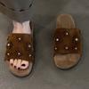 Sandalias de Mujer Cómodas Retro de Moda de Nicho con Flor de Pedrería y Gamuza Escarchada Slip-On