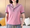 Camiseta de Manga Corta con Cuello Azul Marino en Bloque de Color de Moda para Verano 2025, Adecuada para Dropshipping y Transmisiones en Vivo