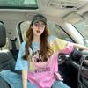 Camiseta de Manga Corta de Algodón Puro con Gradiente de Bloques de Color de Moda para Mujer Estilo Dibujos Animados Americanos Graffiti Top Casual de Longitud Media