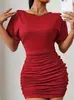 Vestido Corto de Manga Corta con Pliegues para Mujer 2024 Verano Nuevo Estilo Coreano Ceñido a la Cintura Adelgazante Elegante Bodycon para Chica Atrevida