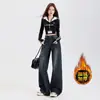 Jeans rectos con forro polar estilo retro americano transfronterizos para mujer, adelgazantes y versátiles, nuevos pantalones anchos de pierna suelta para primavera y otoño con una caída fluida