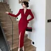 Otoño/Invierno Nuevo Estilo Elegante Vestido de Punto de Manga Larga para Mujer con Giro Abertura Pura Deseo Ajustado Falda Larga