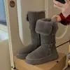 Botas de neve femininas, novo estilo 2025, populares, quentes para o inverno, forradas com fleece, solado grosso, cano longo, cinza, botas de montaria de cano médio grosso