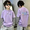 Camiseta de algodón de manga larga estampada para niños, moderna y sencilla, camiseta básica de retazos a rayas estilo coreano, top de imitación de dos piezas, estilo ins