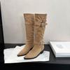 Hebilla de Cinturón que Aumenta la Altura 8cm Tacón Grueso Botas Vaqueras Western para Mujer 2025 Nuevas Botas Arrugadas Francesas de Punta Puntiaguda Hasta la Rodilla