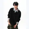 Sudadera con capucha de cuadros de peso pesado forrada de forro polar, diseño de dos piezas falsas, cuello solapa, para hombre y mujer, diseño de otoño, cuello polo, manga larga, jersey