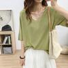 Camiseta de punto suelta de manga corta con cuello en V grande, color liso, estilo coreano, para mujer, reductora de edad, adelgazante, fresca para verano, seda de hielo