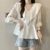 Camisa de Gasa con Cuello Volante y Mangas Tres Cuartos Nueva de Verano para Mujer Talla Grande, Top Holgado Adelgazante y Versátil que Cubre el Vientre