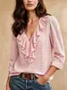 2026 Comercio Exterior Ropa Europea y Americana para Mujer Nueva Manga Larga Cuello en V Volante Color Sólido Temperamento Francés Ajustado Top Jacquard Mujer