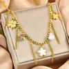 Collar Grueso Versátil Transfronterizo Concha Blanca Flor de Cinco Pétalos Multi-Elemento Hoja de Ginkgo Cadena para Clavícula Acero Inoxidable Borla Colgante para Camiseta