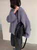 Suéter Azul de Mohair con Cuello Redondo Estilo Coreano para Mujer, Ropa de Abrigo para Otoño e Invierno, Suave y Esponjoso Top de Punto Holgado