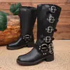 Botas de montar de tacón grueso con hebilla de cinturón talla grande, botas largas vintage hasta la rodilla otoño e invierno 2026, botas vaqueras western