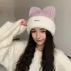 Chapéu Japonês Fofo de Orelha de Gato Feminino Inverno Novo Estilo Pelúcia Quente Tricô Grande Circunferência da Cabeça Faz o Rosto Parecer Menor Chapéu de Lã