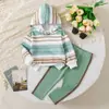 Conjunto para Niña Rayas Verdes Frescas y Marrones con Capucha Bloque de Color Sudadera con Rayas + Pantalones Largos con Raya Lateral Conjunto Primavera/Otoño