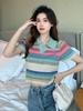 Suéter de cuello polo de verano para mujer, de manga corta, nuevo, con cuello en V, ajustado, adelgazante, estilo Spice Girls, top corto de seda helada a rayas, ropa
