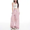 Calça Larga de Xadrez Estilo Dopamina Preguiçoso para Mulheres, Nova Calça Reta Emagrecedora de Cintura Alta, Calça Solta Casual de Comprimento Total