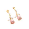 Pendientes de botón de esmalte de rosa y perla estilo japonés con flores frescas y un toque elegante, Juego de joyería para orejas de chica dulce y súper de hadas