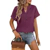 Camiseta feminina de manga curta solta com decote em V e botões, cor pura, para primavera e verão, exportação da Amazon 2024, para mulheres