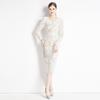 Vestido feminino elegante slim fit, comprimento médio, novo, solúvel em água, com decote em V