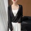 26 Nuevo Punto de Bambú Primavera/Verano Cuello en V Tirantes Cruzados Manga Larga Color Sólido Delgado Protector Solar Camisa Kimono Top de Color Sólido para Mujer